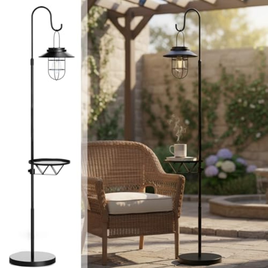 Outdoor Lighting Solar - ソーラーフロアランプ（テーブル付き）、60インチ屋外用シェパードフック付きソーラーライト、防水メタルサイドテーブル（パティオ用）、頑丈なソーラー式