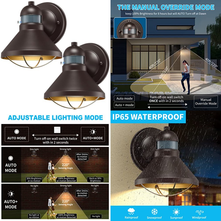 Outdoor Lighting Solar - 2個パック モーションセンサー付き屋外LEDウォールスコンス 夕暮れから夜明けまで点灯する外装納屋用照明器具 ブラウン屋外ポーチランタン ファームハウスライト