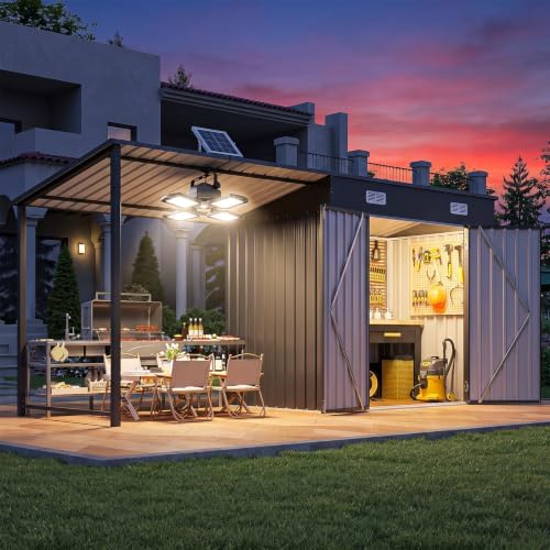 Outdoor Lighting Solar - 6x4フィートの屋外用収納庫＆ソーラー式屋根付きガゼボ（収納庫用ライト付き） | 12x4フィートの金属製リーントゥシェッド（パーゴラ付き）、2-in-1