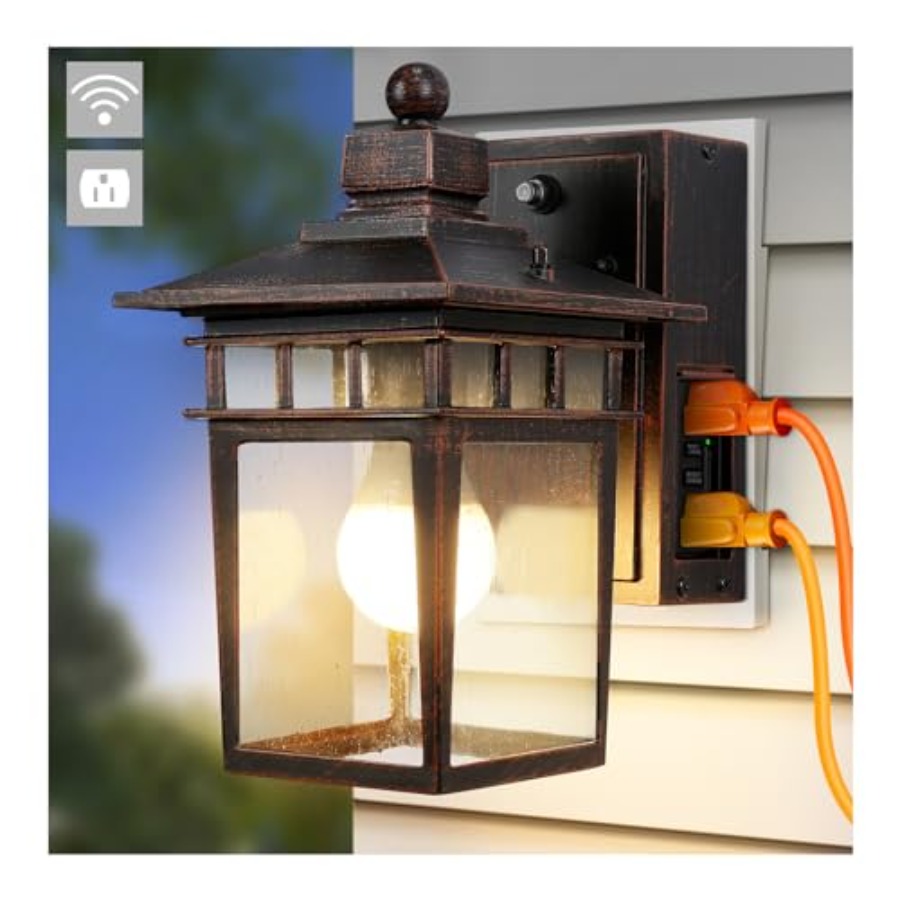 Outdoor Lighting With Outlet - GFCIコンセント付き屋外照明、夕暮れから夜明けまで点灯するポーチライト、防水屋外壁掛け照明器具、アルミ製ウォールスコンス