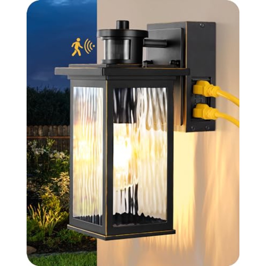 Outdoor Lighting No Outlet - GFCIコンセント付き屋外ウォールライト、モーションセンサー付き屋外照明器具、水波模様ガラス付き、防水、夕暮れから夜明けまで点灯O