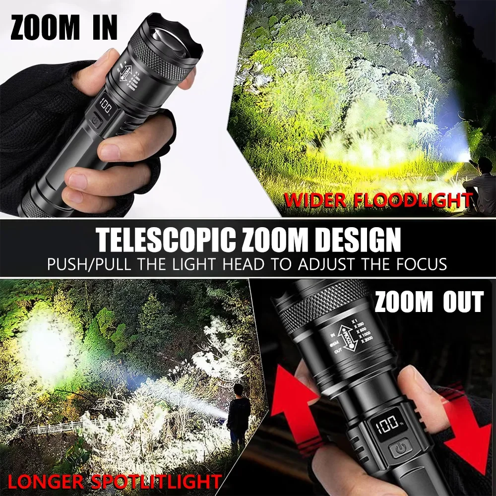 充電式 LED 懐中電灯 ズーム可能なトーチ LCD ディス - Outdoor Lighting Brands のレビューと価格